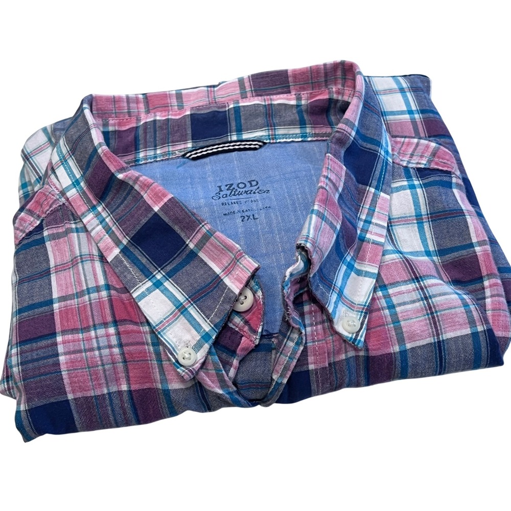 IZOD Saltwater‎ Mens 2XL Blue Plaid Short Sleeve Button Down Shirt Relaxed